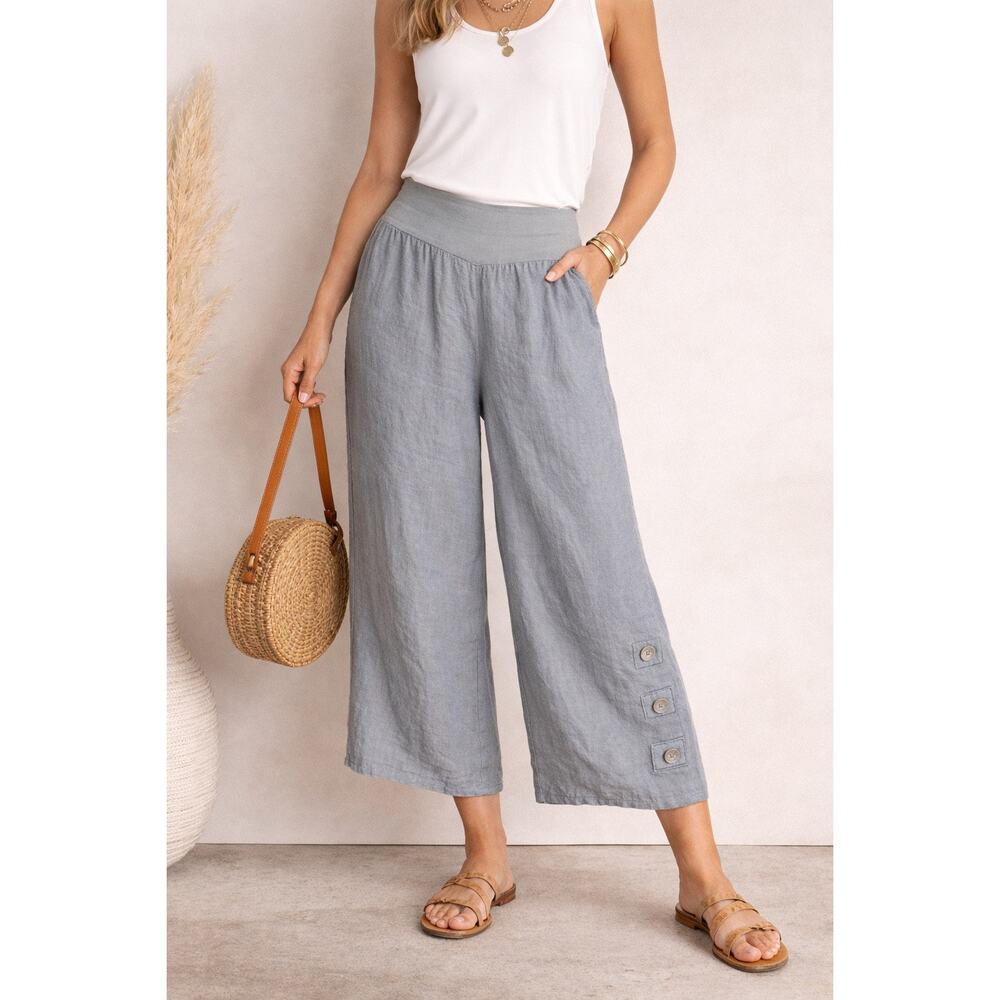 Lands Downunder XL 100% Linen Gray MOP Buttons Lagenlook Wide Leg Capri Pants